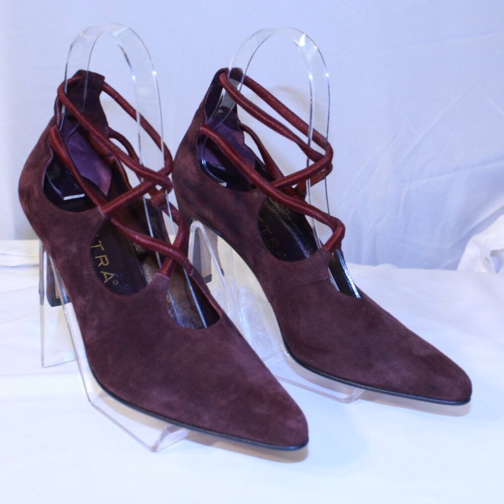 Petra Firenze Size 6.5M Maroon Pointy Toe Elastic Criss Cross Spool Heel Pumps